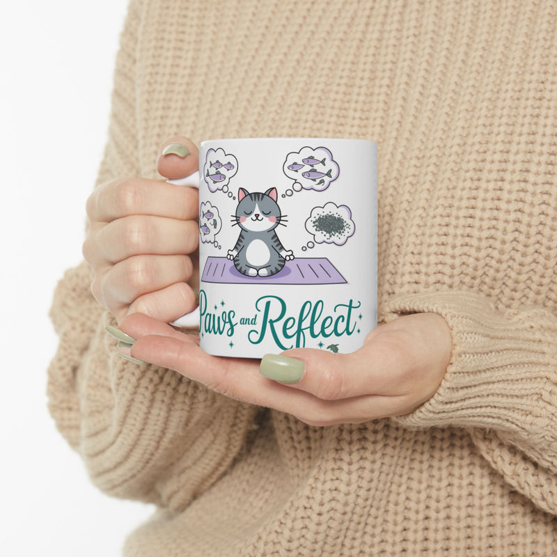 Mindful Reflection Ceramic Mug, Cat Lover Gift, Relaxation Mug, Meditation, Self-Care, Tea and Coffee