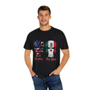 Dual Heritage Skull T-Shirt USA Mexico with bold patriotic design | Mexican American flag skull T-shirt celebrating cultural pride | “My Home. My Blood.” T-shirt with USA and Mexico skull graphic | Unisex skull flag shirt representing Mexican and American roots | Mexican American heritage shirt with symbolic skull artwork | USA Mexico flag T-shirt for proud dual nationality individuals | Cultural pride T-shirt with American and Mexican flag skull print | Patriotic unisex shirt honoring USA and Mexico herita