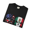 Dual Heritage Skull T-Shirt USA Mexico with bold patriotic design | Mexican American flag skull T-shirt celebrating cultural pride | “My Home. My Blood.” T-shirt with USA and Mexico skull graphic | Unisex skull flag shirt representing Mexican and American roots | Mexican American heritage shirt with symbolic skull artwork | USA Mexico flag T-shirt for proud dual nationality individuals | Cultural pride T-shirt with American and Mexican flag skull print | Patriotic unisex shirt honoring USA and Mexico herita