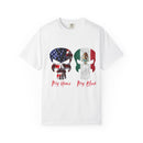 Dual Heritage Skull T-Shirt USA Mexico with bold patriotic design | Mexican American flag skull T-shirt celebrating cultural pride | “My Home. My Blood.” T-shirt with USA and Mexico skull graphic | Unisex skull flag shirt representing Mexican and American roots | Mexican American heritage shirt with symbolic skull artwork | USA Mexico flag T-shirt for proud dual nationality individuals | Cultural pride T-shirt with American and Mexican flag skull print | Patriotic unisex shirt honoring USA and Mexico herita