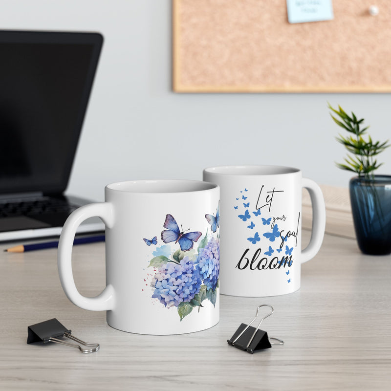Let Your Soul Bloom Mug – Butterfly & Hydrangea Design | Inspirational Floral Mug – Blue Butterfly Coffee Cup | Watercolor Butterfly Mug – Uplifting Floral Design | Hydrangea Bloom Mug – Motivational Quote Cup | Blue Butterfly Mug – Peaceful Floral Coffee Cup | Bloom and Grow Mug – Inspirational Gift for Her | Mindful Morning Mug – Butterfly & Hydrangea Art | Botanical Coffee Mug – Let Your Soul Bloom Quote | Self-Care Gift Mug – Bloom with Grace Design | Elegant Floral Mug – Butterfly Hydrangea Accent Cup 